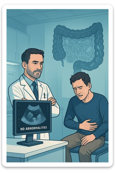 Medico in camice bianco in uno studio moderno, mentre osserva una TAC o ecografia su uno schermo con espressione convinta. Accanto a lui, un paziente seduto che lamenta dolori intestinali. Sullo sfondo, un’immagine traslucida dell’intestino pieno di piccoli parassiti stilizzati (vermi, protozoi), non visibili nel monitor medico. Il monitor mostra 'nessuna anomalia', ma dietro c’è la realtà invisibile. Atmosfera clinica ma con contrasto simbolico tra 'ciò che si vede' e 'ciò che sfugge'. Colori freddi, luce ospedaliera sticker