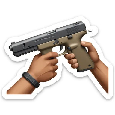 hands gripping an assault rifle or pistol in the foreground, inspired by Call of Duty Modern Warfare 2. The background features a battlefield with enemies in the distance, creating a tense and action-packed atmosphere. Transparent background highlights the focus on the weapon and combat. sticker