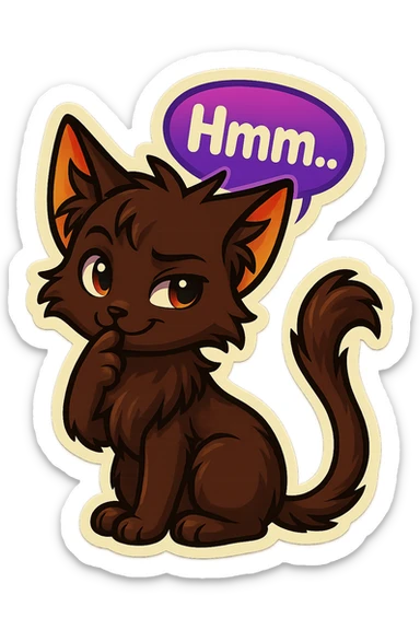 a dark-brown fluffy cute kawaii anime cat with tufted ears and a long thin tufted tail, thinking, smirking thoughtfully, saying “Hmm..” with a purple speech bubble, (cartoon style) (furry style) (deviantArt style) (artist style: Kamirah) sticker