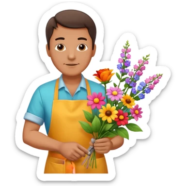 Middle-aged male florist – apron on, trimming stems with scissors sticker