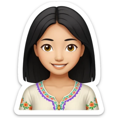 30 yr old asian woman center parted hair big eyes big smile tanned skin straight black hair hippie part hair white blouse shoulder length hair sticker