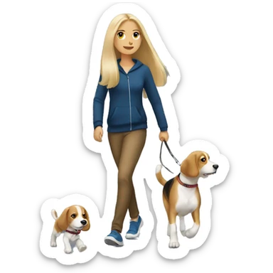 Blonde girl with long hair walking with a beagle sticker