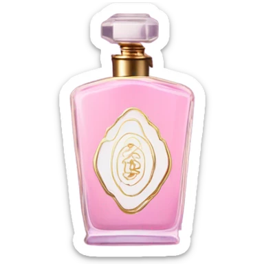 Aesthetic still life of delicate pink carnations beside a vintage purple perfume bottle. sticker