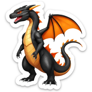 Shiny Black Koraidon-Charizard-Salandit-Fakémon-hybrid-creature (full body) with orange belly sticker