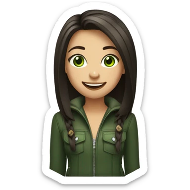 A stylish hooligan girl with dark shoulder-length straight hair and green eyes laughs sticker