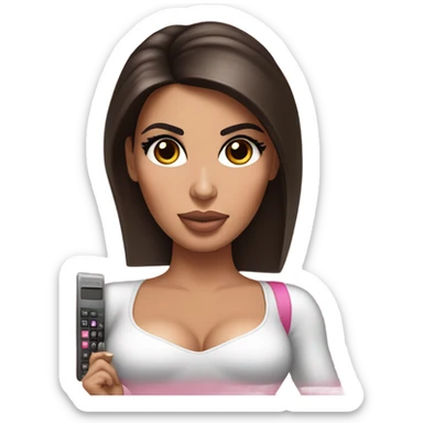 Hyper realistic kim kardashian with straight brown hair holding a small pink calculator in her hand sticker