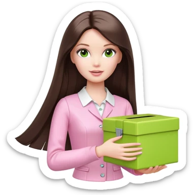 A white Barbie girl with long dark brown straight hair in pale pink clothes holds bright green box sticker