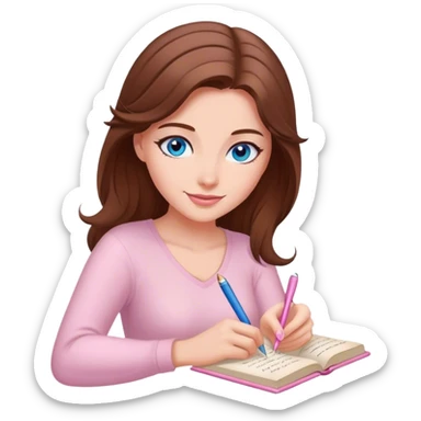 female writer happy, brown hair and blue eyes writing a light pink romance novel sticker