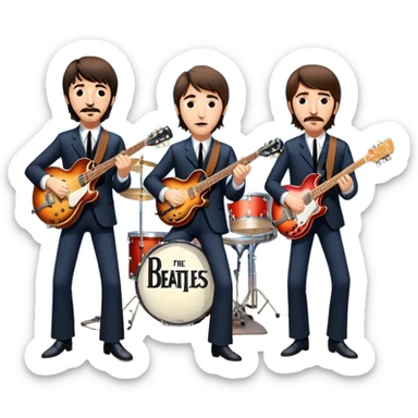 Rock music icon: The Beatles performing live on stage. John Lennon with guitar, Paul McCartney with bass, George Harrison with guitar, Ringo Starr on drums. Bright lights, energetic performance. Transparent background. sticker