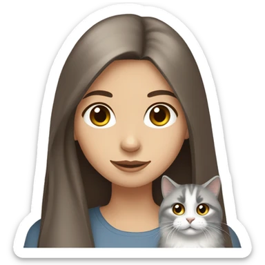 Brown straight hair girl with gray eyes holding fluffy Siberian gray cat  sticker