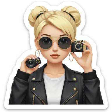 Blonde white girl with film camera wearing blackout sunglasses where you can’t see her eyes with a high bun. She’s wearing a white t shirt and a black baggy leather jacket. Give her only one camera that she has up to her eye taking a picture. Also give her small gold hoop earrings sticker