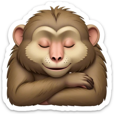 Meme-Worthy Cute Sleeping Baboon Portrait Emoji, Head resting peacefully with a contented smile, showcasing a robust build and a luxuriously soft Fur of earthy browns, eyes shut in a serene, restful nap, Simplified yet hilariously adorable features, highly detailed, glowing with a soft, drowsy light, high shine, relaxed and utterly lovable, stylized with an air of playful laziness, bright and heartwarming, soft glowing outline, capturing the essence of a comically sleepy baboon, so meme-worthy it feels like it could instantly become the next viral sensation of adorable slumber! sticker