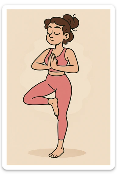 woman in a pink yoga outfit holding a yoga pose, minimal background, calm and focused expression sticker