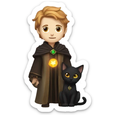 A sun warlock who is pale with brown hair and is holding a black kitten sticker