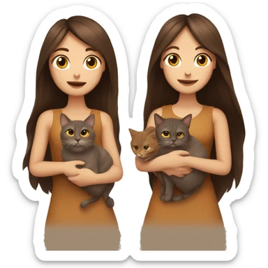 Two long hair brunettes keeping two brown cats in their hands sticker
