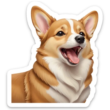 Cinematic Cute Yawning Fawn Corgi Portrait Emoji, Head tilted slightly with a dramatic, wide-open yawn, showcasing a smooth fawn coat with bold white markings, short ears slightly drooping, round brown eyes barely open in drowsy contentment, Simplified yet irresistibly adorable features, highly detailed, glowing with a soft, cozy glow, high shine, relaxed yet expressive, stylized with a touch of whimsy, bright and endearing, soft glowing outline, capturing the essence of a sleepy yet affectionate herder, so drowsy it feels like it could stretch right out of the screen and curl up for a nap! sticker