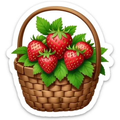 Cinematic ripe strawberrie, deep red, glossy with tiny seeds, green leaves still attached, gathered in a rustic basket, warm glowing background, fresh and sweet. sticker