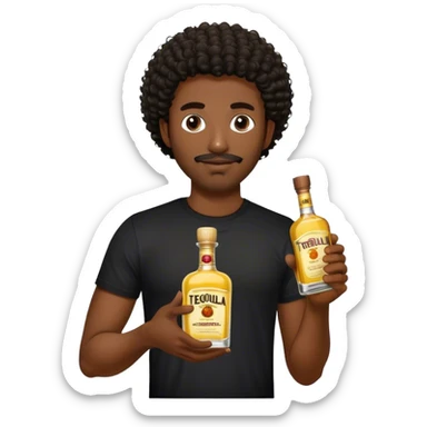 dark black guy, short curly hair, facial hair, holding tequila, black shirt  sticker