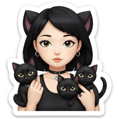 Asian girl, black hair.  Holding two BLACK cats with one cat has a round fat face. Both pure black.  The girl also wearing a black singlet, a black chocker, silver round hook earring, and wearing eyeliner.  sticker