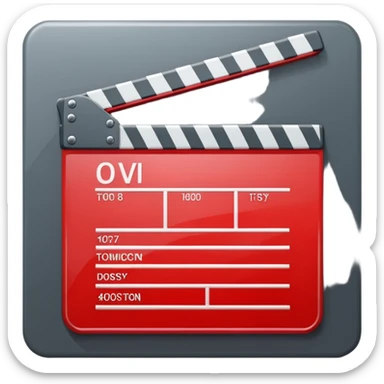Glossy bright red clapperboard in the classic style of Apple icons: the top bar is tilted up-left, the body and bar with a deep glossy glare, dark gray edging, black background inside, perfectly square with rounded corners. sticker