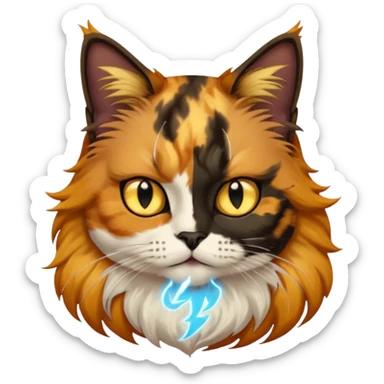 long hair tortoiseshell cat with a black face, white beard and yellow lightning mark above left eye sticker
