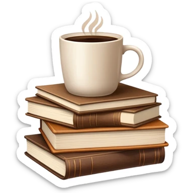 Stack of brown books with a coffee cup on top sticker