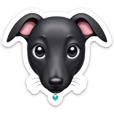Cinematic Cute Black Greyhound Portrait Emoji, Head tilted playfully and inquisitively, featuring a smooth, shiny jet-black Fur and round, sparkling dark eyes filled with curiosity, Simplified yet irresistibly adorable features, highly detailed, glowing with a warm, friendly glow, high shine, affectionate and agile, stylized with a touch of whimsy, bright and endearing, soft glowing outline, capturing the essence of a mischievous yet loving racer, so playful it feels like it could dash out of the screen and into your arms! sticker