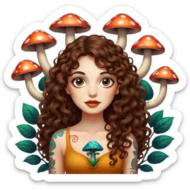woman with long curly brown hair, brown eyes, white skin, tattoos, psychedelic mushrooms growing from her shadow sticker