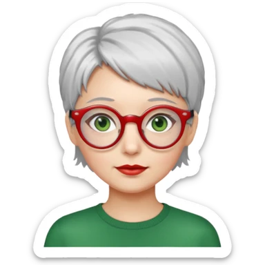 visage femme a lunettes fine ronde rouge avec cheveux courts gris-blancs aux yeux verts sticker