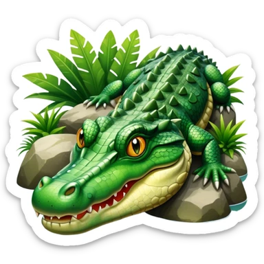 Crocodile resting, surrounded by rocks, water, and tropical plants. The green scales of the crocodile glisten under the light, with its sharp eyes focused ahead. The background features a naturalistic habitat with plants and water, giving it a lifelike feel. sticker