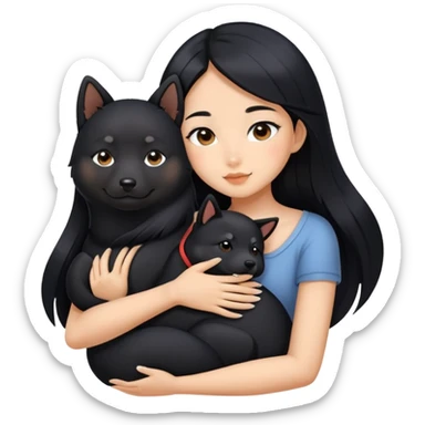 A beautiful girl with long black hair hugs a Black Shiba Lnu sticker