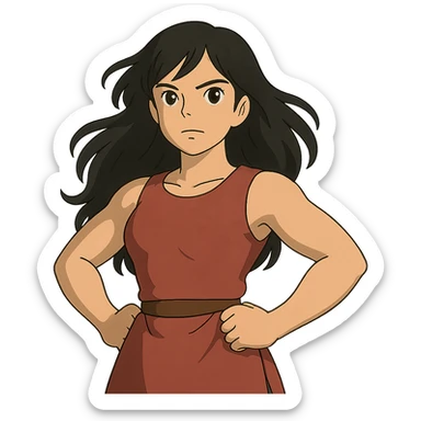 ghibli style strong girl with brown eyes, flesh-colored skin, long slightly wavy black hair sticker