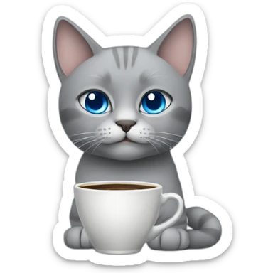 A blue-eyed gray cat with a cup of coffee sticker