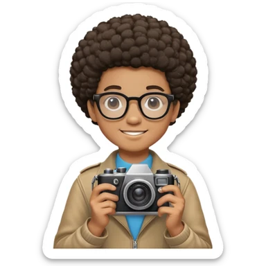 Boy photographer holding a camera tan skinned very kinda slicked short afro and glasses with a cute smile with dimples sticker