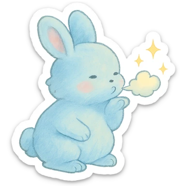 pastel blue bunny with cloud, blowing a kiss with sparkles, soft Ghibli style sticker