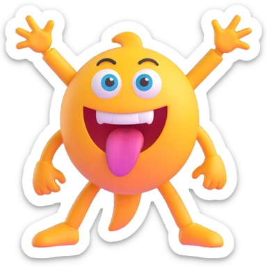 Make the expression even wilder with crossed and spinning eyes, huge open mouth, tongue out, energetic and silly, front facing, transparent background in 3D emoji style. sticker