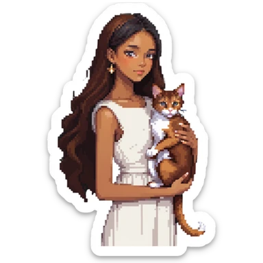beautiful girl with long black hair wearing a white dress holding an Abyssinian cat with reddish-brown fur in her arms sticker