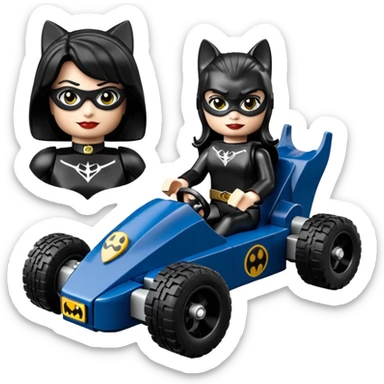 full size real-appearance road Lego racing sexy buxom CatWoman’s feminine midnight-colored tight outfit sixty’s tv show dark stealthy accurate sporty safe plush deluxe off-road pursuit drifting car jaguar (black hair,reclined and relaxed torso and shoulders back seating position) cross kart  sticker