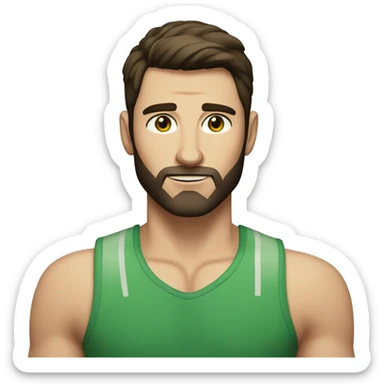 man, short dark brown straight hair, short beard, VERY LONG AND POINTY nose, white, green eyes, muscular, freckles sticker