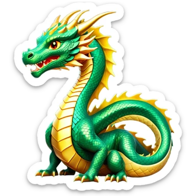cinematic-noble-dragon-full body-emoji,-poised-and-majestic,-with-a-sinuous,-elongated-build-and-shimmering,-scale-covered-skin-in-hues-of-emerald-and-gold,-piercing,-fiery-eyes,-simplified-yet-sharp-and-sophisticated-features,-highly-detailed, zoomed out showing the serpentine body sticker
