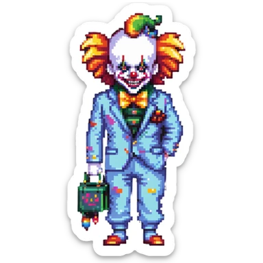 demonic clown wearing a leisure suit with accessories sticker