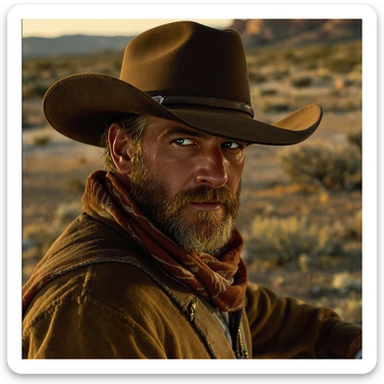 Cinematic , documentary photography, top angle medium shot, cowboy look eye brave, hard light golden hour, desert arizona, shot on arri alexa, 80s movie sticker