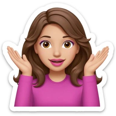 girl with long wavy brown hair, brown eyes, light to medium complexion, in a pink shirt, pink lips, long lashes, puckered lips, both hands in teh air sticker