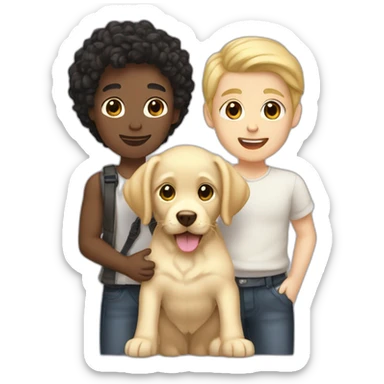 white gay couple blackhair-slightly-curly holding one light yellow labrador retriever puppy sticker