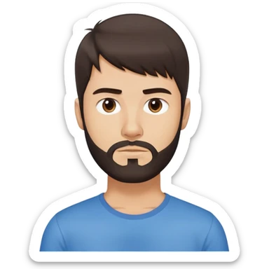 Argentine male with longer straight dark brown hair reaching shoulders, bangs, short complete beard, serious neutral face, wearing plain blue t-shirt sticker