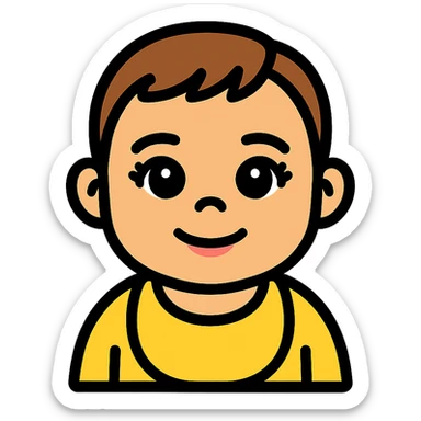 one year old baby with short brown hair, large brown eyes with eyelashes, brown eyebrows, pink lips, transparent background sticker