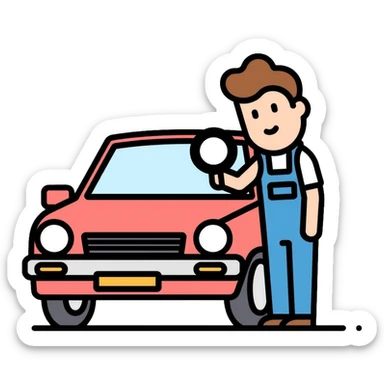 car inspection, mechanic examining vehicle with magnifying glass sticker