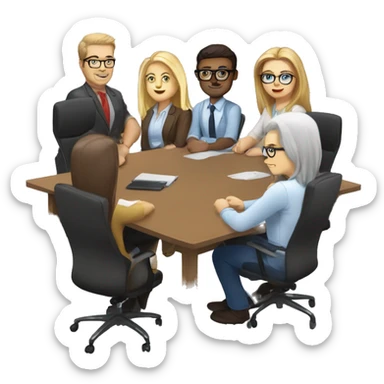 meeting table with 6 people seated two men, both width buzcuts and glases, two blonwimen with long hair, two brownhaired women with long hair and one brown haired woman with short hair sticker