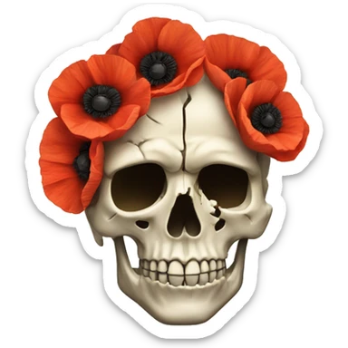 broken skull with poppies instead the brain in profile sticker