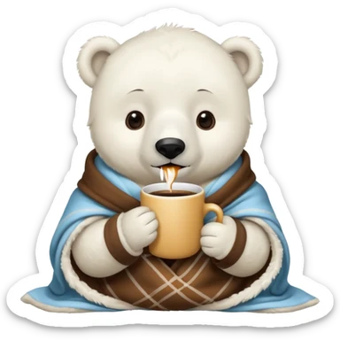 baby white polar in cozy blanket, drink hot coffee sticker